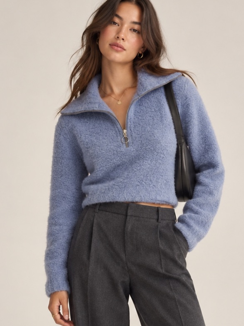 Wilfred Free Alpaca Merino Wool Blend Cropped Half Zip Sweater Blue S